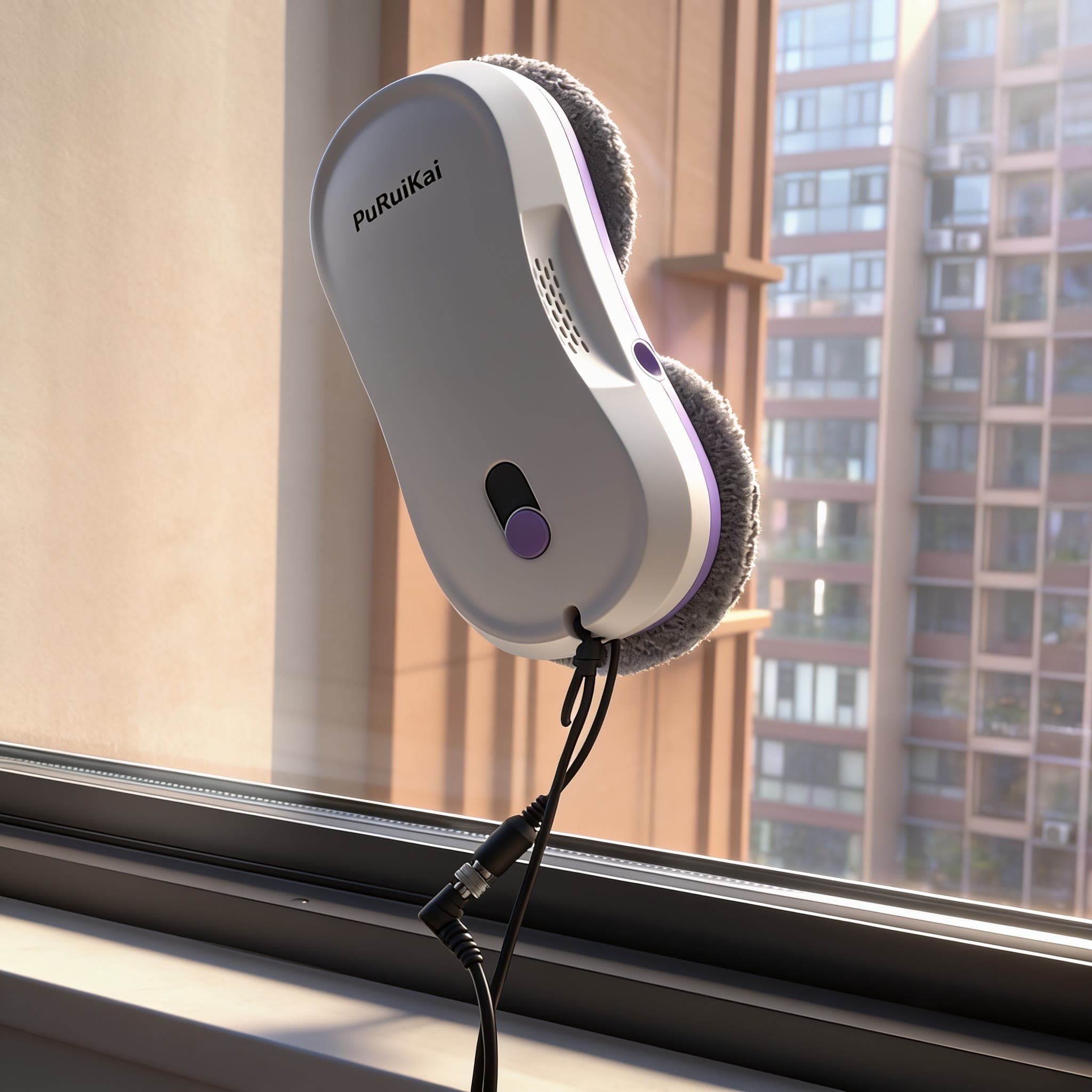 Le robot collé à une fenêtre d'appartement, au-dessus de la ville
